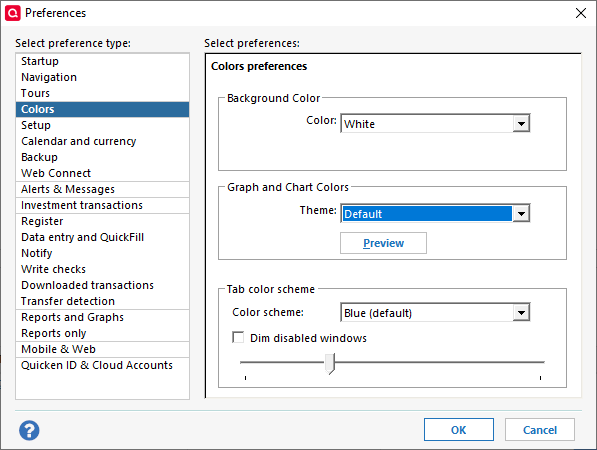 Quicken windows color preferences user interface