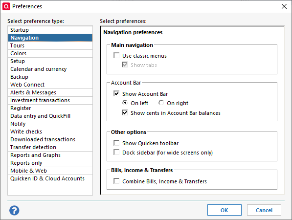 Quicken windows navigation user interface