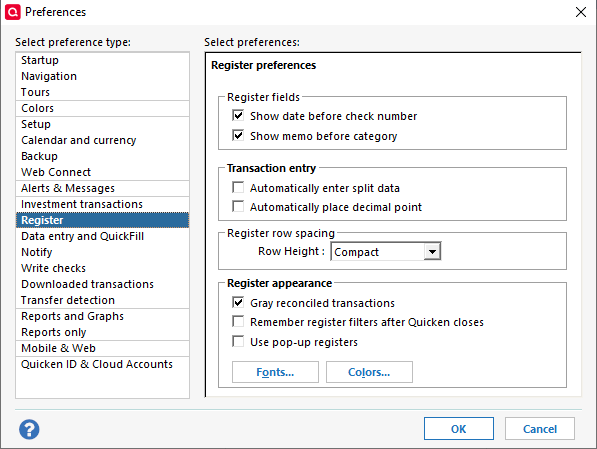 Quicken windows register user interface