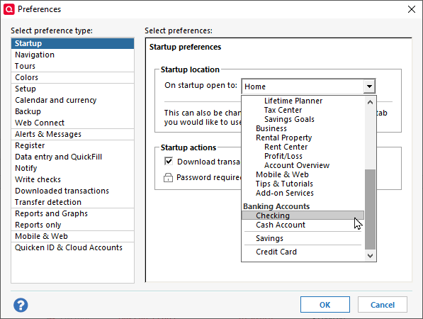 Quicken startup preferences user interface