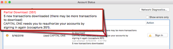 Message When Updating Accounts in Quicken for Mac: 351 Error