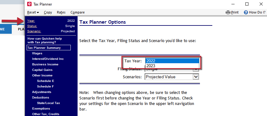 Tax Years Supported by the Quicken Tax Planner
