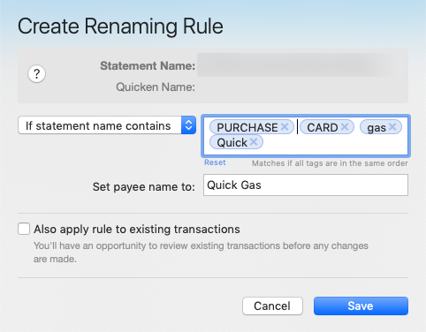 Renaming Rules for Past and Future Transactions in Quicken for Mac