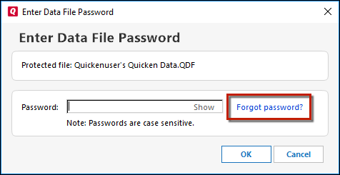 Quicken for Windows: What if I forgot the Data File Password or Quicken isn't accepting it?