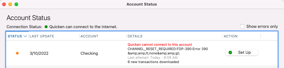Error When Updating Accounts in Quicken for Mac: FDP 390 or Error 390