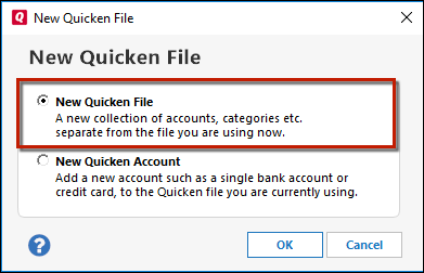 How do I create a new Quicken data file?