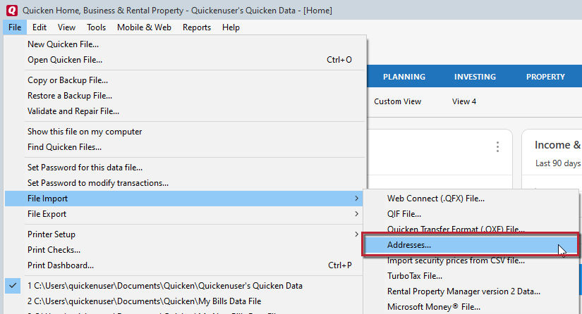 Quicken for Windows: Importing Address Book Records From Another Program 
