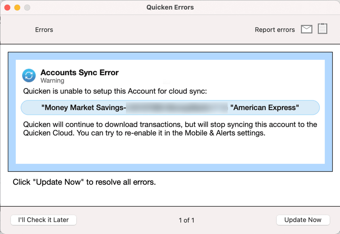 "Account Sync Error" Message with Direct Connect Accounts in Quicken for Mac