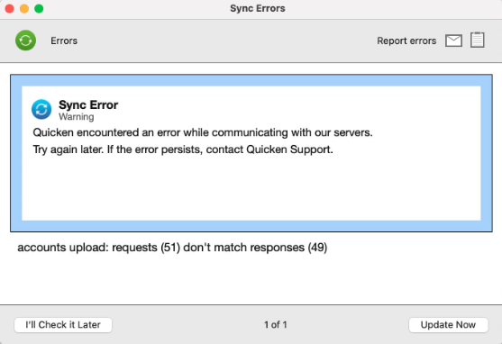 Sync Error: Quicken encountered an error while communicating with our servers (Quicken for Mac)