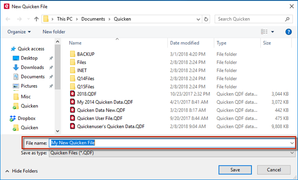 How do I create a new Quicken data file?