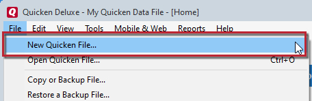 How do I create a new Quicken data file?