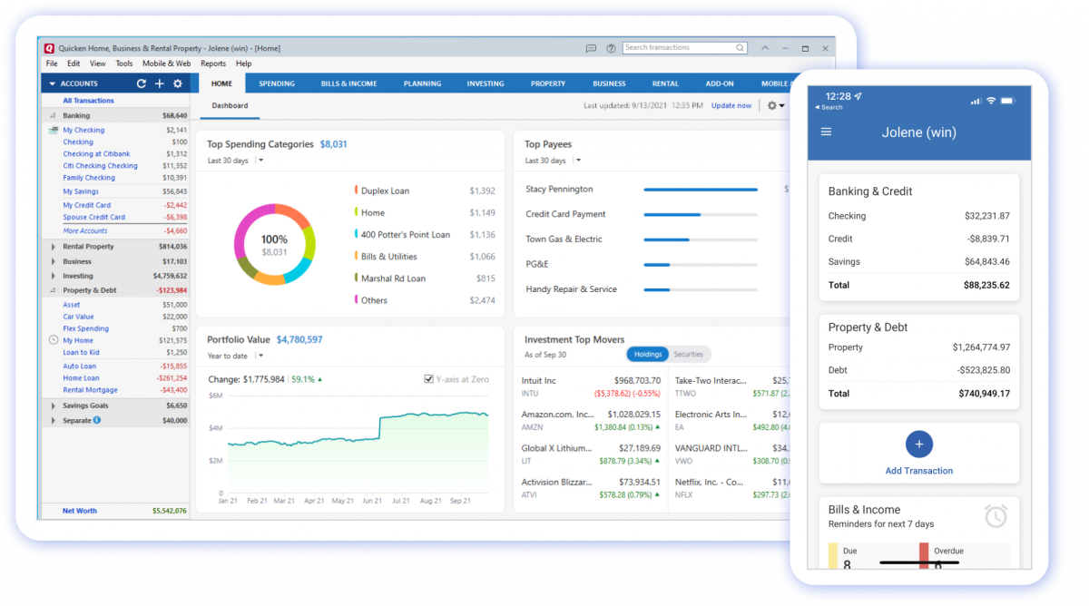 Desktop and mobile view of the Quicken user interface