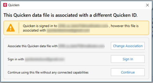 Message: This Quicken data file is associated with a different Quicken ID