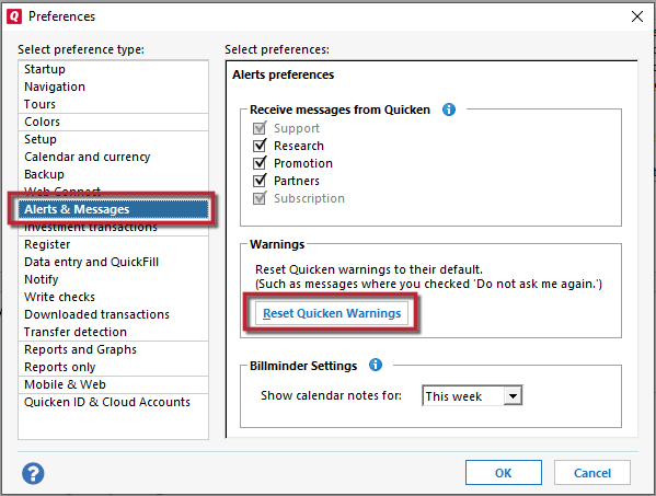 How to Reset Warnings in Quicken for Windows