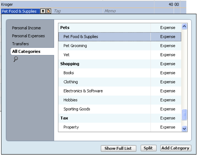 Change default category quicken