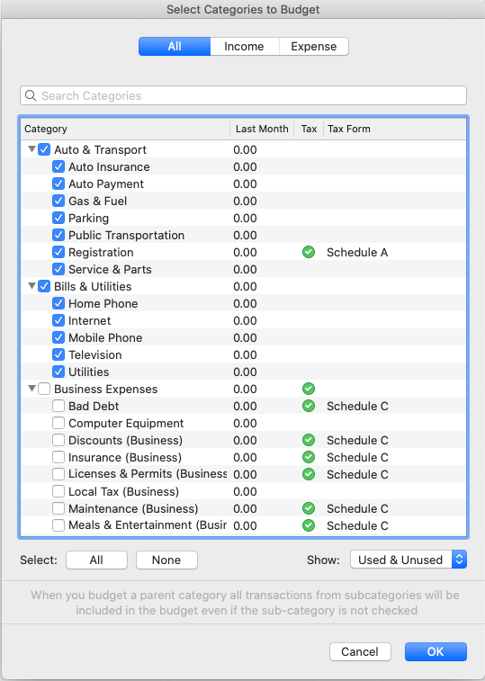 transfer transactions in the budget on quicken for mac 2016