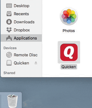 Click and drag Quicken program icon into the Trash can